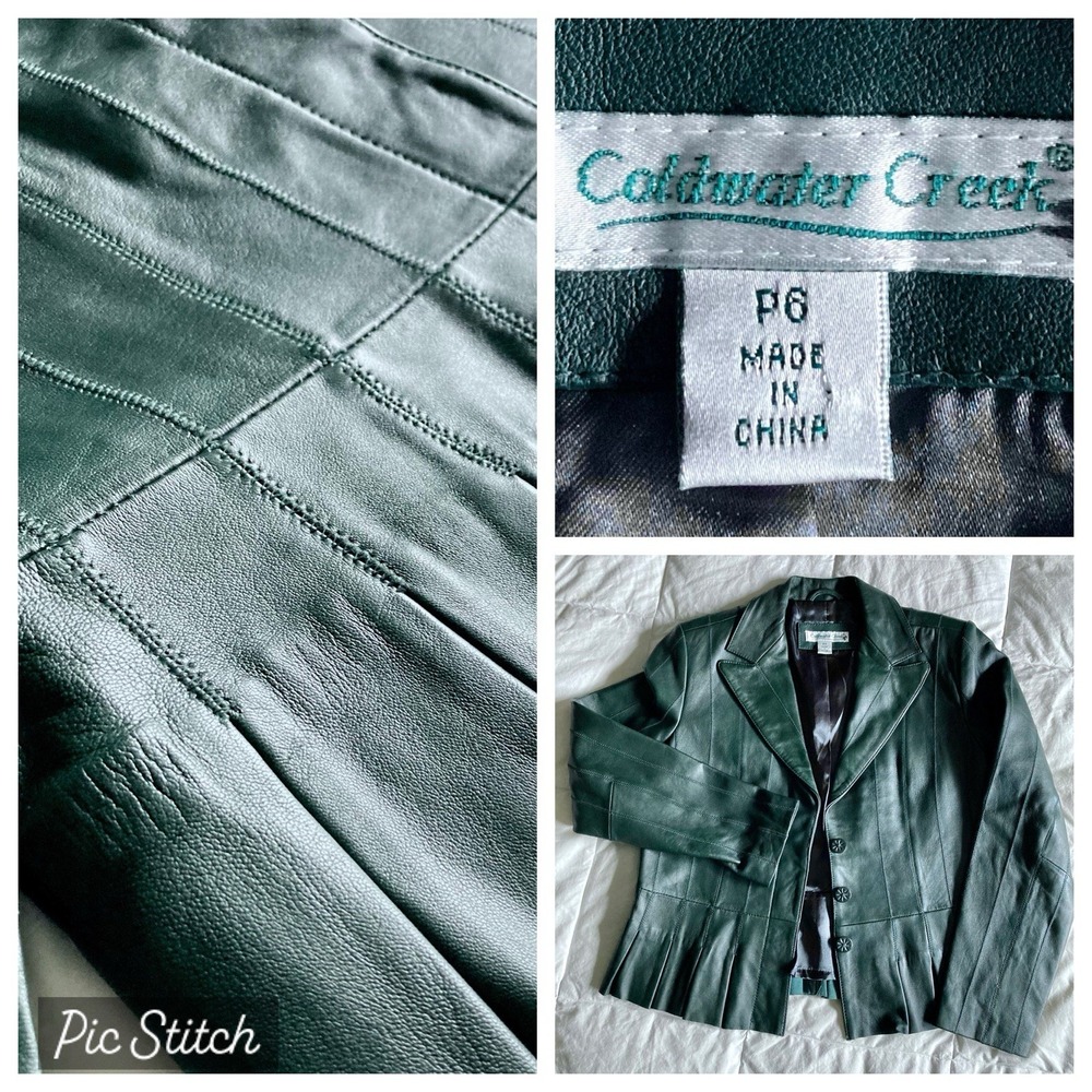 Coldwater Creek Leather Pleated Peplum Jacket Dark Green Lined Women's P6 EUC
